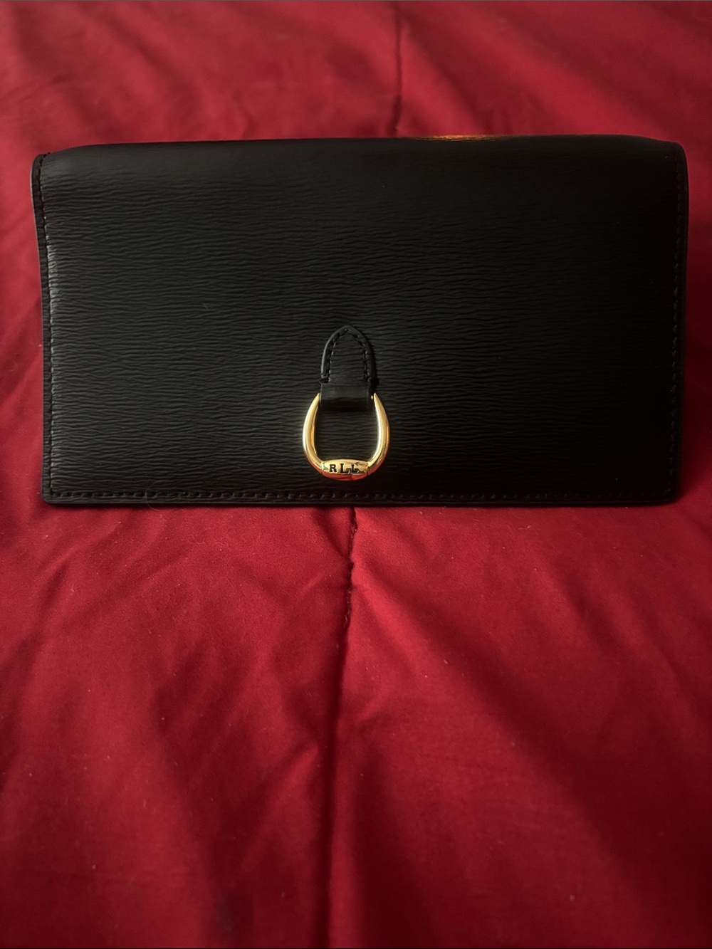 Black Leather Women's Clutch with Gold Ring Accent
